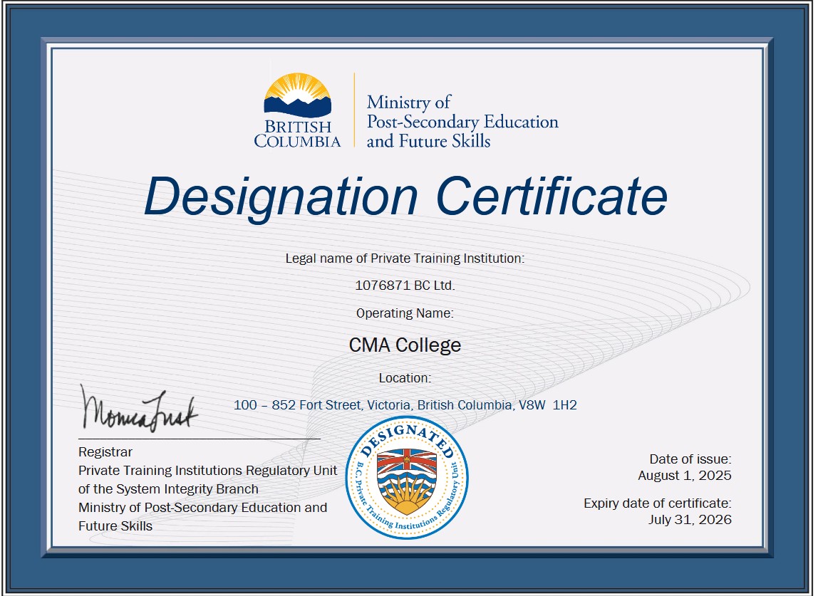 CMA College Interim Accreditation Certificate