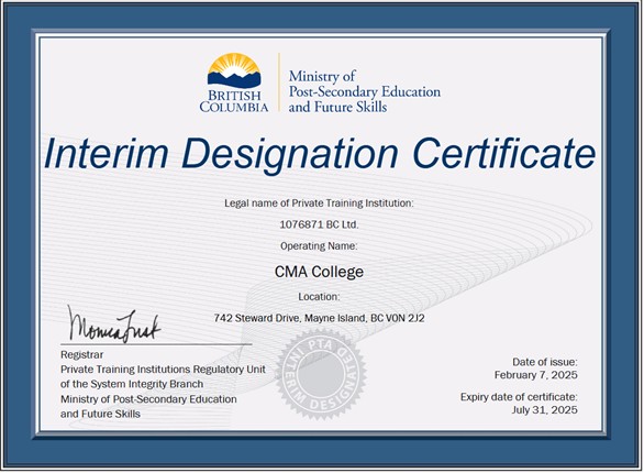 CMA College Interim Accreditation Certificate